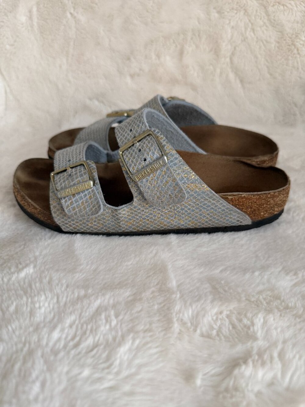 Birkenstock Arizona Shiny Python Two-Strap Dusty Blue Slide Sandal Size: EU36 - Picture 10 of 16
